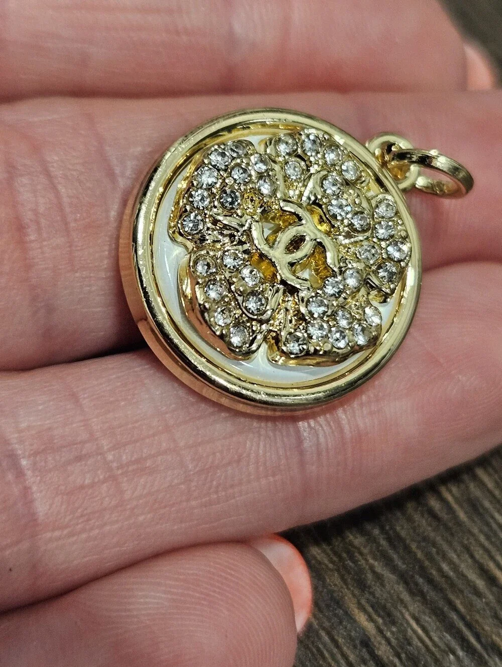 CHANEL CC Camellia Medallion Charm Gold Tone Pavé Rhinestone